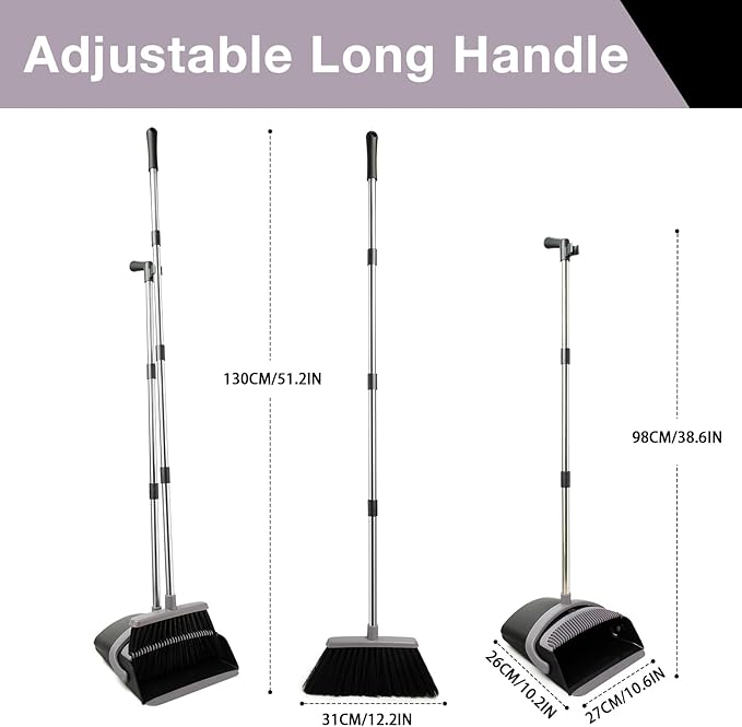 Broom and Dustpan Set, Long Handle Lightweight Dustpans with Broom Combo for Home, Indoor&Outdoor Sweeping for Home Room Kitchen Office Lobby (Charcoal)