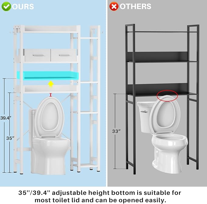 Besiost Over The Toilet Storage with 2 Drawers - 7 Tier Bathroom Organizer with Adjustable Shelf, Freestanding Space Saver Storage Rack Above Toilet Stand with 4 Hooks for Restroom, Laundry, White