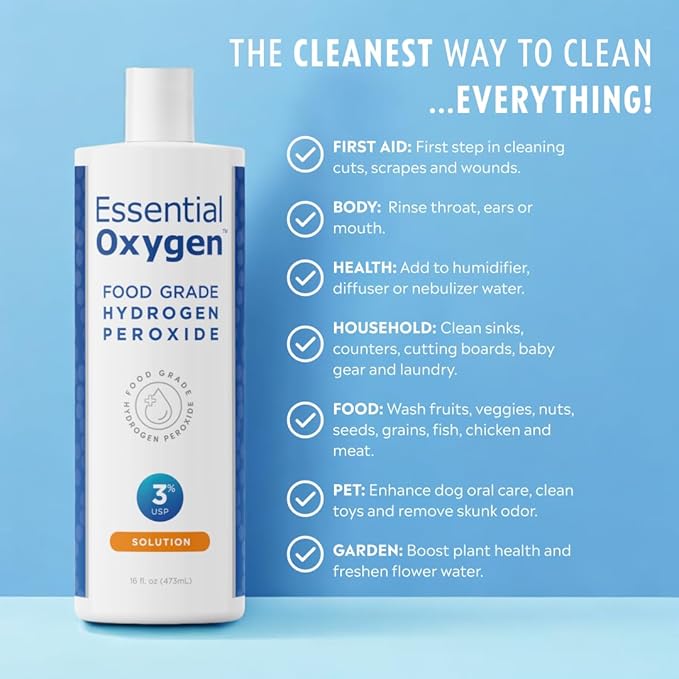 Essential Oxygen Food Grade Hydrogen Peroxide, Natural Cleaner, 3% USP, White, 16 Ounce