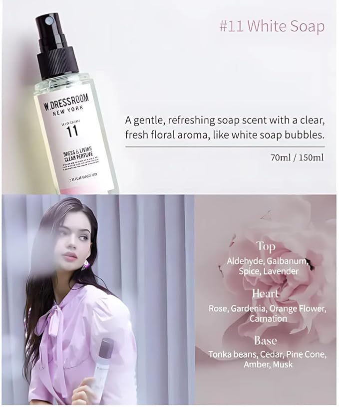 W.Dressroom No.11 White Soap Scent Mist & Living Clear Perfume (2.36 oz) – Fresh Scent for Clothes, Fabrics, Carpets & Rooms, Natural Odor Eliminator, Eco-Friendly, Water-Based