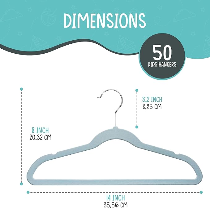 TechZoo 50 Premium Kids Velvet Hangers - 14" Non-Slip Ultra Slim Space-Saving Clothes Hangers with 360° Swivel Hook - Strong & Durable Hangers for Children & Preteens Wardrobe - Blue
