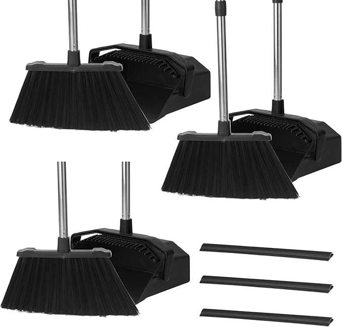 3-Pack Upright Broom with Dustpan Combo Set, Commercial Broom and Dustpan Set, Industrial Brooms and Dust Pan with Long Handle for Restaurant Kitchen Shop Warehouse Lobby Garage - Black