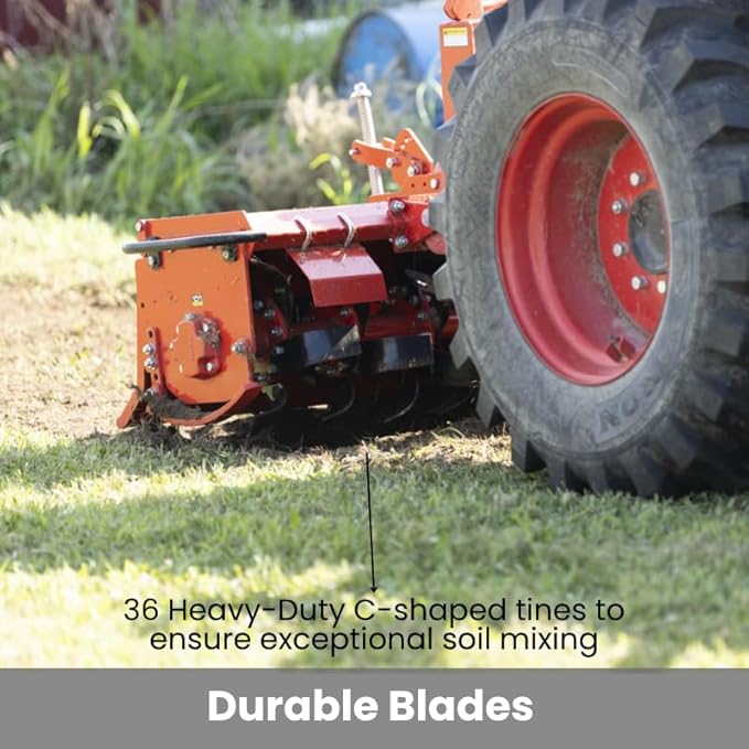 48" Rotary Tiller – Gear-Driven 3-Point Tiller for Tractors 20-35 HP, 36 Heavy-Duty Tines, Max 6.89” Depth – PTO Powered Category 1 Tiller for Gardens, Farms & Landscaping