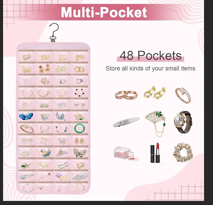 Dynoro Double-Sided Hanging Jewelry Organizer, Large Pink Storage Roll for Earrings, Necklaces, Rings, 48 Pockets 21 Hooks, Durable Oxford Fabric for Closet, Wall, Door, 1 piece, Jewelry Not Included