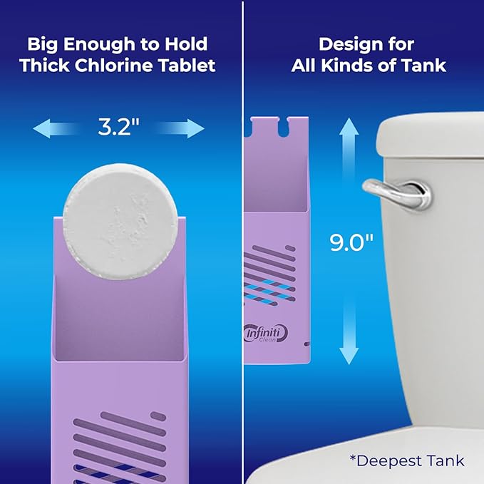 Toilet Tank Tablet Holder with 2 Blue Toilet Bowl Tablets, 8.97 x 3.22 x 2.25 Inch Tablet Holder - Prevents Flapper Jams & Residue, Extends Life of Drop-In Cleaner Tablets