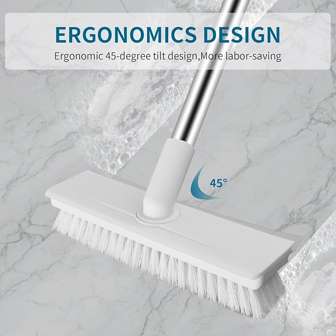 Floor Scrub Brush with Long Handle, 2 in 1 Scrape Brush Stiff Bristle Floor Scrubber for Cleaning Shower Bathroom Garage Kitchen Wall Deck Tub Tile, White