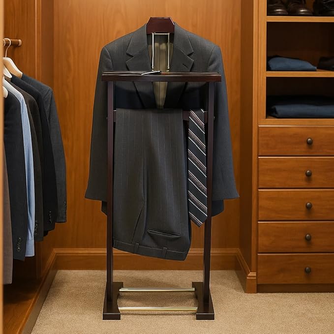 Proman Products Ashton Valet Suit Stand with Top Tray, Contour Hanger, Trouser Bar and Shoe Rack, 17" W x 14" D x 42" H, Dark Mahogany