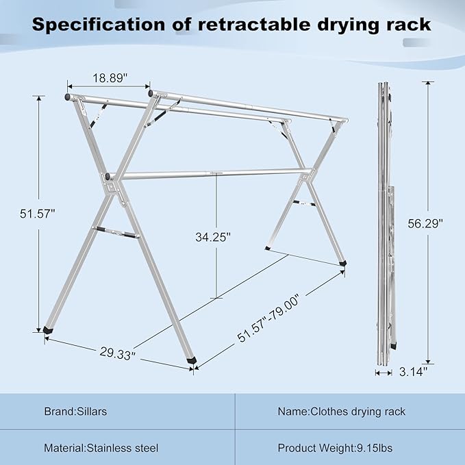 Sarahipe Sillars Clothes Drying Rack, 63 inches Laundry Drying Rack Clothing Foldable & Collapsible Stainless Steel Heavy Duty Clothing Drying Rack with Windproof Hooks for Indoor Outdoor