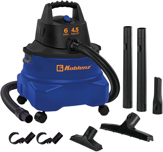 Koblenz WD-6 L212 Wet Dry Vacuum Cleaner, 6 Gallon, 4.5 PHP, 3-in-1 Suction & Blower, 16 ft Reach, Big Cleaner for Car, Shop Vacuum Wet and Dry, Swivel Casters, Black/Blue