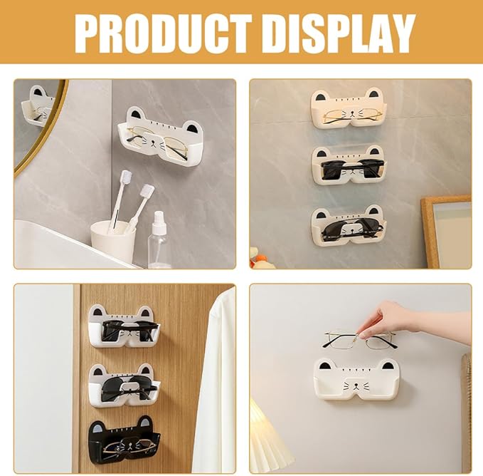 SEWACC 2pcs Cat Design Wall-Mounted Glasses Organizer Plastic Eyewear Storage Box with Hanging Holder for Sunglasses and Eyeglasses in Black and White, Suitable for Bedroom and Bathroom