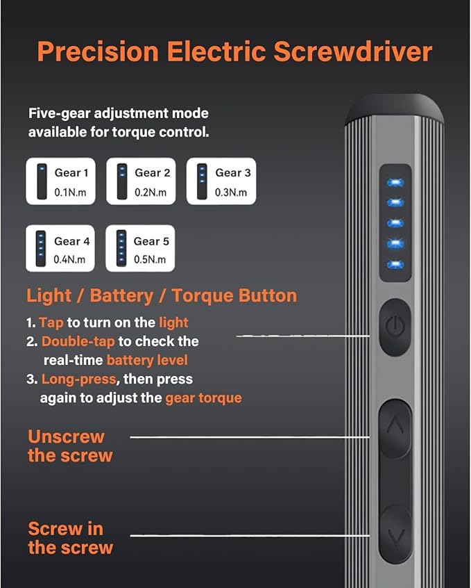 Cordless Electric Screwdriver Set, Rechargeable Precision Screwdriver with LED Ring Light, Type-C Charging, Multi-Bit Kit for Home Repair and Electronics