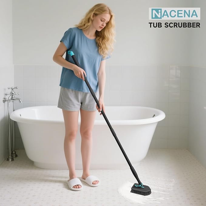 nacena Shower Scrubber with Long Handle, 4 in 1 Tile Tub Scrubber Brush with 3 Detachable Cleaning Shower Heads and Floor Squeegee Shower Cleaner Brush for Bathroom Kitchen Tub Sink Floor, Black