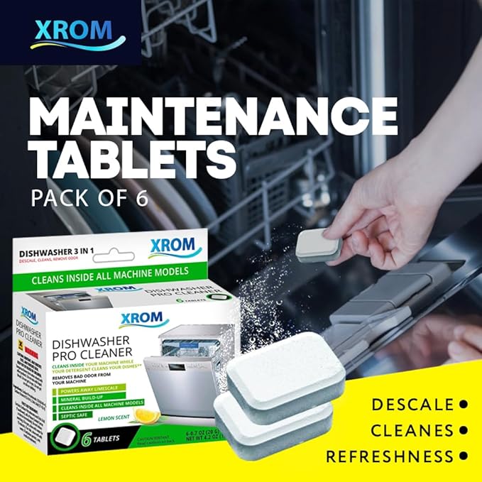 XROM Dishwasher Cleaner Tablets, Plant Based, Deep Clean And Descale, Removes Odors, Removes Hard Water Stains, Powerful Descaling, 6 Treatments (Lemon Scent)