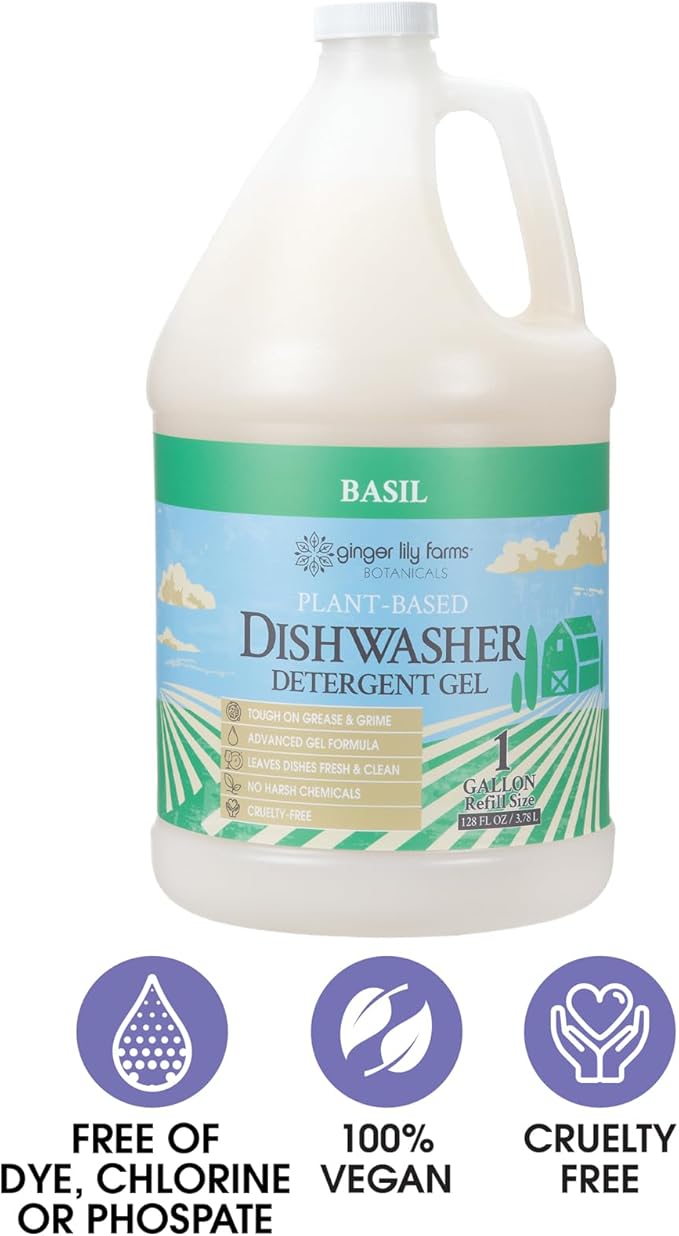 Ginger Lily Farms Botanicals Plant-Based Dishwasher Detergent Gel, 100% Vegan & Cruelty-Free, Basil Scent, 1 Gallon Refill (Pack of 4)
