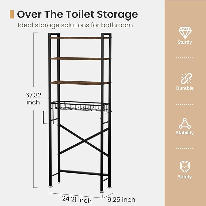 SwaaVee Over The Toilet Storage Cabinet, 4-Tier Bathroom Organizers and Storage with Adjustable Shelves, Freestanding Over-The-Toilet Shelf for Restroom, Laundry, Rustic Brown