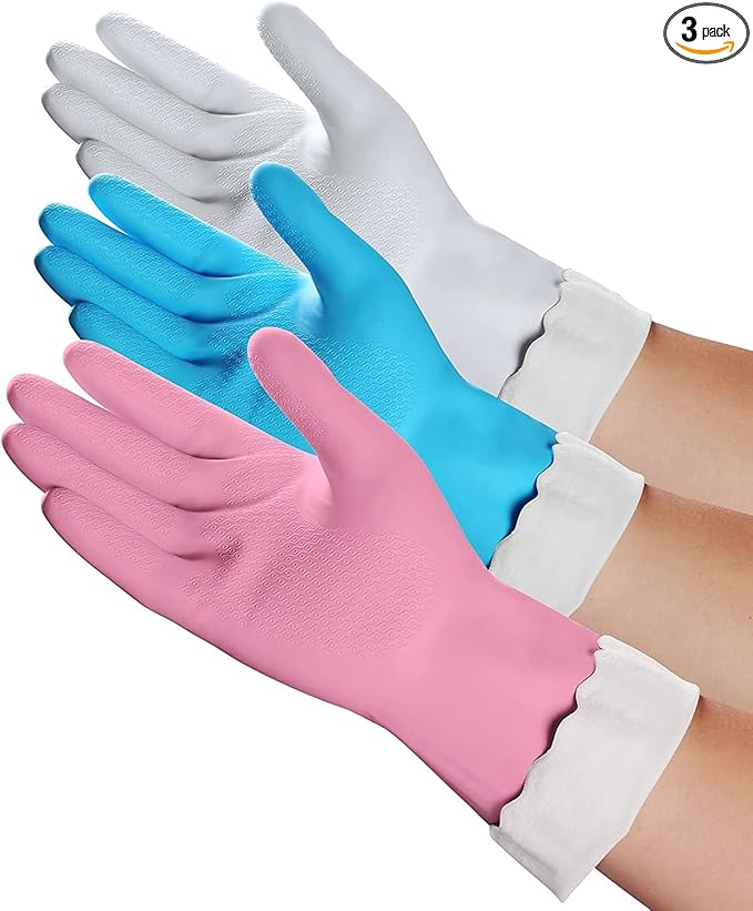 HSL Household Cleaning Gloves - Reusable Kitchen Dishwashing Gloves with Latex Free, Cotton lining, Waterproof, Non-Slip (Small, 3 Pairs)