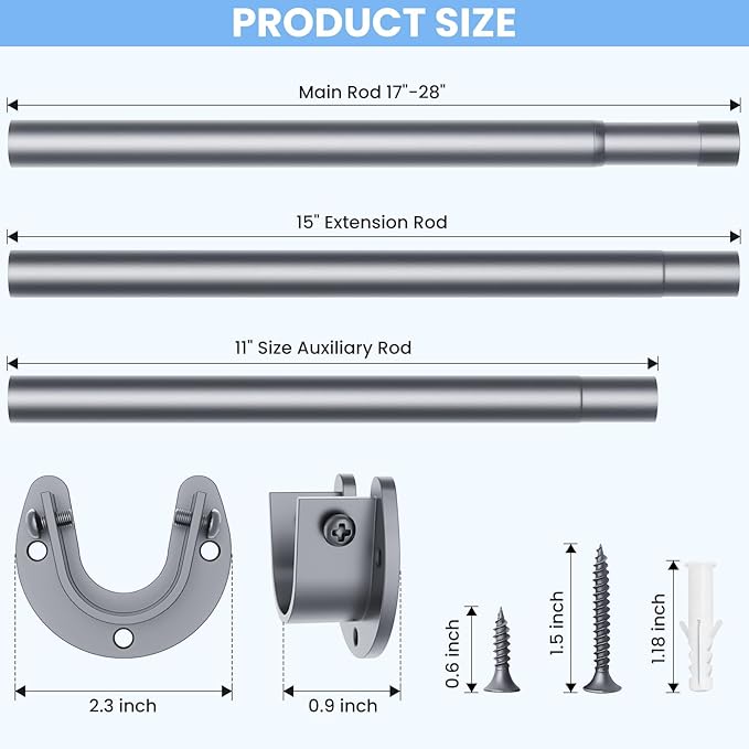 Closet Rods for Hanging Clothes, 17 to 99 Inches No-Cut Stepless Adjustable Closet Rod, 1.3 Inches Expandable Metal Heavy Duty Closet Hanging Rod for Closet Wardrobe Bathroom Laundry RV, Silver