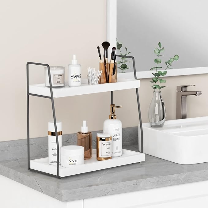 Forbena 2 Tier Bathroom Counter Organizer, White and Grey Coffee Bar Organizer for Countertop, Wood Shelf Tray for Vanity Makeup Storage, Small Kitchen Sink Top Organizers for Coffee Bar Station