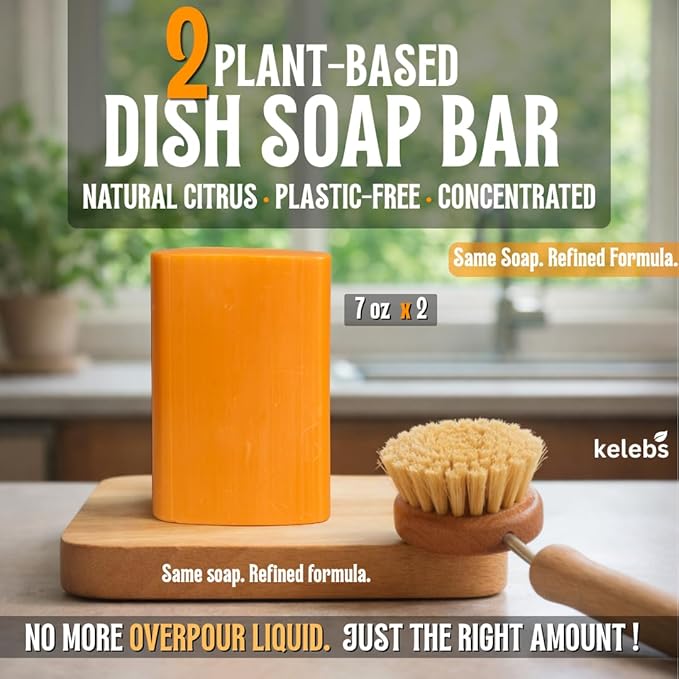 KELEBS 2 Dish Soap Bars | Citrus Essential Oil Formula | Natural & Organic Ingredients | Gentle on Hands | For Plant-Based Kitchens & Light Dishwashing | Biodegradable | No Overpour | Value Pack