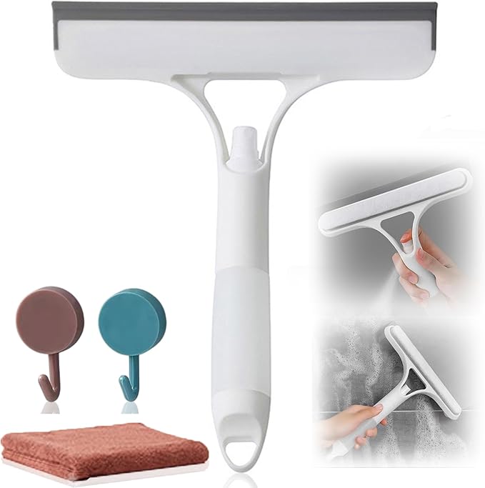 3 in 1 Window Squeegee, Cleaning Scraper with Scrubber Sponge Sprayer Clean Kit for Glass, Tile Walls, Shower Door, Car, Bathroom Cleaner (White)