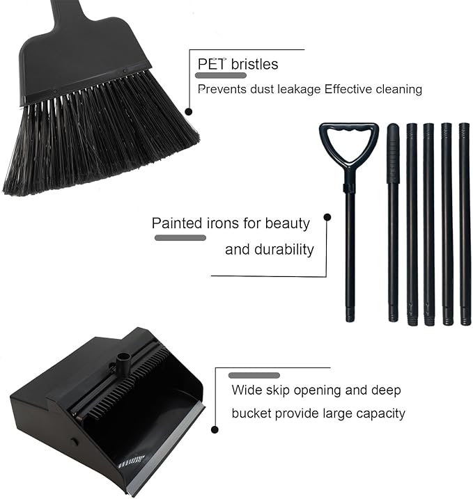 Broom with Dustpan Combo Set Outdoor Upright Dustpan and Broom Set with Long Handle Angle Broom and Dustpan Set for Garage Patio Courtyad Lobby Lawn Home Kitchen Ofiice