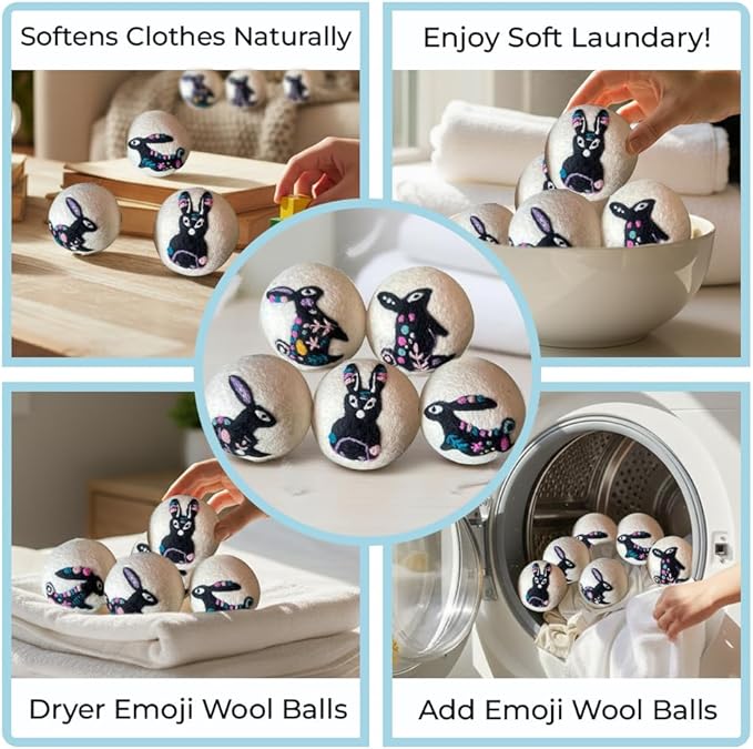 Ezhippie Quality Wool Dryer Balls - 6 XL Rabbit Pack - 1000+ Loads - Pure Organic Wool - Reusable Natural Fabric Softener Perfect with Essential Oils, Reduce Clothing Static and Wrinkles