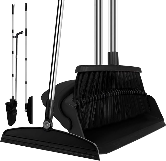 Broom with Dustpan Combo Set and Silicone Air Broom Kit, 51" Long Handle Floor Squeegee, Black Household Kit for Glass Window Rugs Pet Hair Home