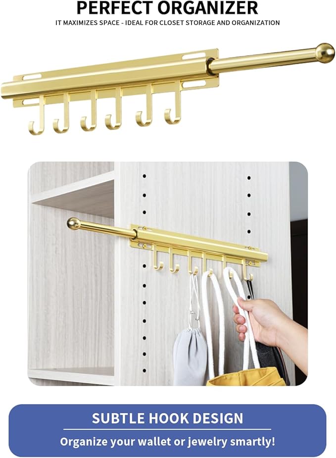 BaiNong 16.5 inch Valet Rod for Closets Pull Out Closet Valet Rod Slide Out Extra long Gold Valet Rods for Closets With 6 Hooks