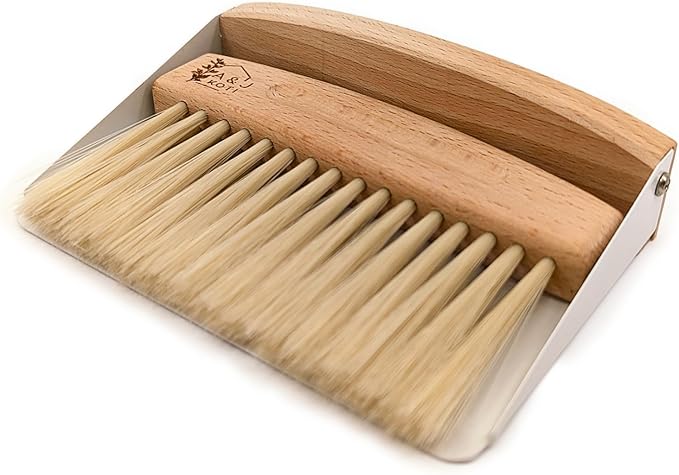 A&J Koti Table Crumb Sweeper - Small Mini Metal Dustpan and Hand Brush Combo Set - Wood Crumber for Servers, Restaurants, Home and Kitchen - Crumb Cleaning Set