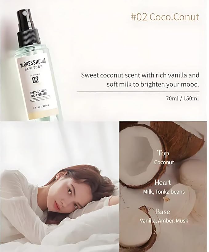 W.Dressroom No.02 Coco.Conut Dress & Living Clear Perfume (2.36 oz) – Fresh Scent for Clothes, Fabrics, Carpets & Rooms, Natural Odor Eliminator, Eco-Friendly, Water-Based