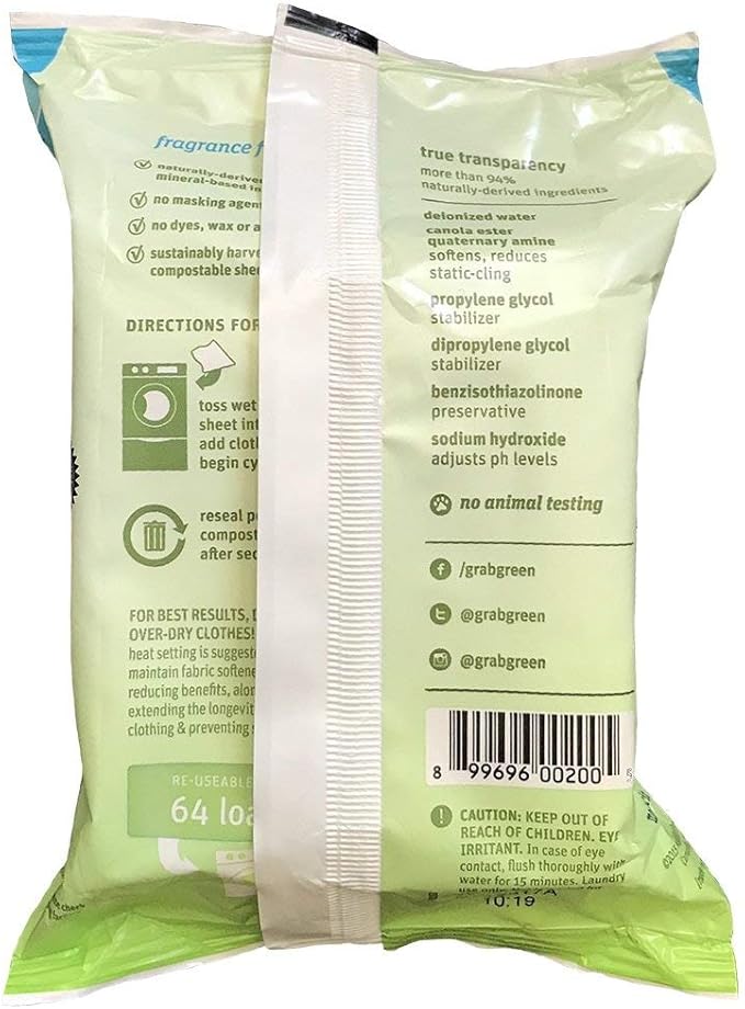 Grab Green Natural Wet Dryer Sheets, Unscented/Free & Clear, Fabric Softener & Static-Reducer, 64 Loads, Reusable & Compostable, Fragrance Free