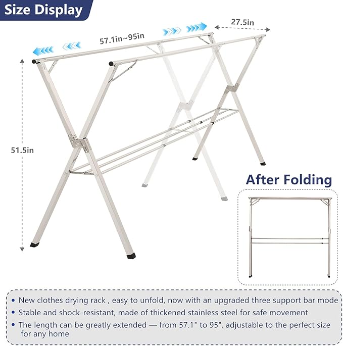 95 inches foldable clothes drying rack, heavy duty stainless steel laundry drying rack for indoor outdoor , clothes rack adjustable length. 3 additional reinforcement bars with 20 windproof hooks