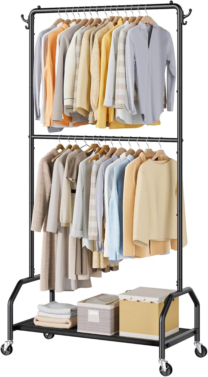 Wiracks Clothes Rack Double Hanging Clothes Rack Clothing Rack Garment Rack 130LBS Capacity 34.5" W X15.8 D X 79" H Rolling Clothes Racks for Hanging Cothes with Bottom Shelf