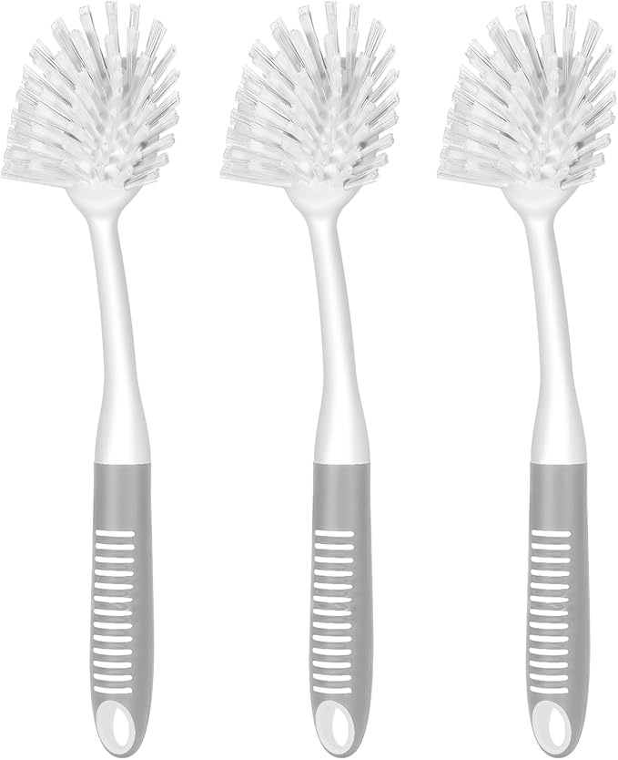 SetSail Dish Brush with Handle, 3 Pack Stiff Bristles Dish Scrubber with Built-in Scraper Dish Scrub Brushes for Cleaning Dishes, Pots and Pans, Kitchen Sink, 3 Pack, Grey White