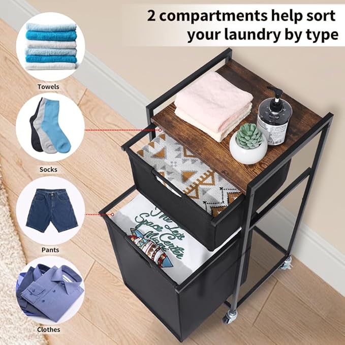 LUCKUP Laundry Hamper with Shelf, Laundry Sorter 2 Section with Removable Bags, Laundry Basket Cart with Table Wheels Laundry Room Storage and Organization, Dirty Clothes Hamper for Small Space