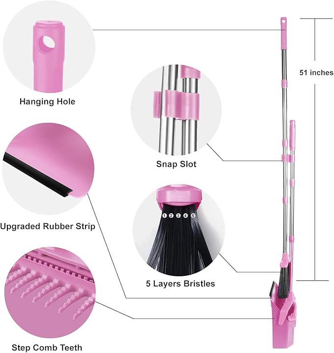 Broom with Dustpan Combo Set, 51'' Broom and Dustpan Set, Brooms and Dust Pan with Handle, Brooms with Standing Dustpans, House Broom for Pets Hair and Floor Cleaning - Pink