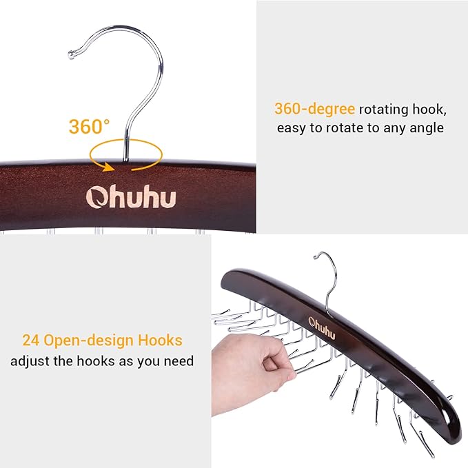 Tie Rack Hanger for Closet: Ohuhu 2 Packs 24 Folding Hooks Tie Hangers for Men Wooden Tie Holder Organizer Space Saving Necktie Storage 360 Degree Rotating Ties Belts Scarves Tank Tops-Walnut