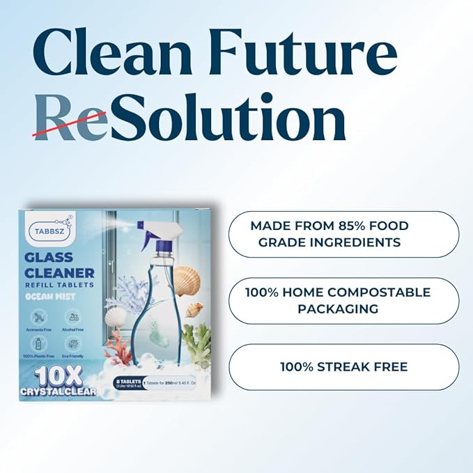 Glass Cleaner Refill Tablets | Plant-Based Streak-Free Window & Mirror Cleaner | Non-Toxic & Eco-Friendly Cleaning Solution | Plastic-Free Packaging | Ocean Mist - Pack of 16