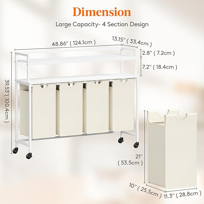 Lifewit Laundry Hamper 4 Section, 168L Pull out Laundry Clothes Basket Organizer with Large Top Shelf and 4 Removable Bags and Handles for Laundry Room Bedroom Bathroom, White with Shelves and Wheels