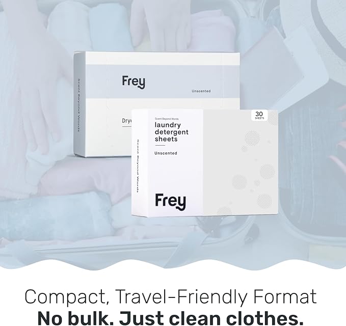 FREY Laundry Detergent & Dryer Sheets Bundle | 60 Count | Plastic Free | Liquidless Full Wash Solution | Soft Fresh Clothes (Fragrance-Free)