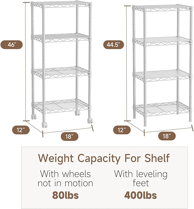 Golpart 4 Tier Adjustable Storage Shelves Metal Utility Shelf Wire Shelving Unit Organizer Rack for Home Kitchen Office Bathroom Pantry Room 12" D x 18" W x 44" H