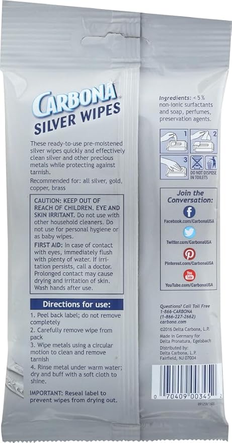 Carbona Silver Wipes | Metal Cleaner & Polish | 12 Wipes, 1 Pack