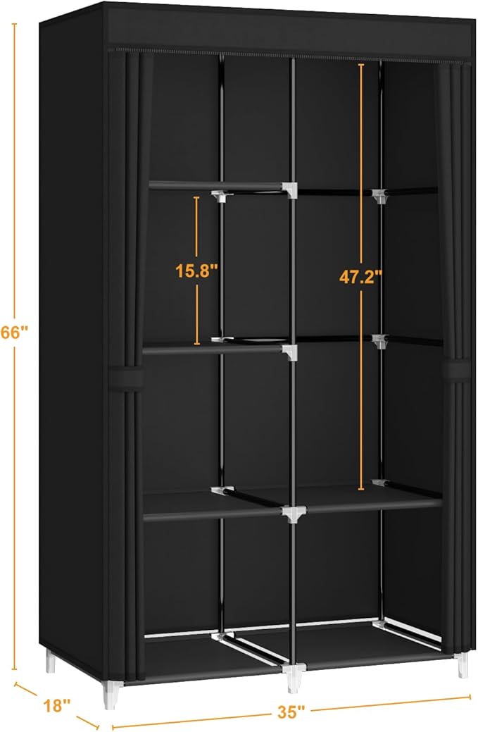 MOGELAFOO 35 Inch Portable Closet for Small Room, Clothing Organizer Storage Rack with Non-Woven Fabric Cover, 1 Clothes Hanging Rod, 6 Storage Shelves, Black
