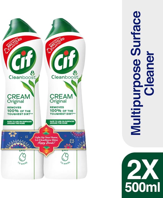 Cif Original Multipurpose Surface Cleaner Cream for Kitchen & Bathroom, Ocean Breeze Scent, 100% Dirt Removal with Natural Cleaning Particles, 2x500ml