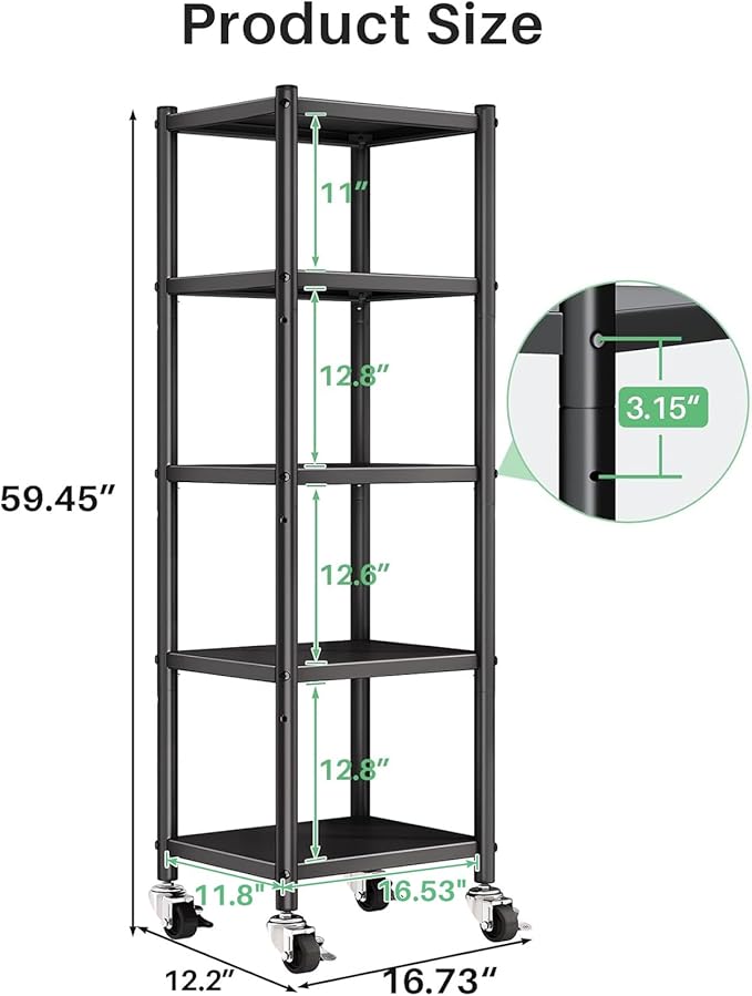 PXRACK 5-Tier Kitchen Storage Shelves, Adjustable Metal Shelves for Storage Pantry Shelves with Rolling Wheels, Storage Rack Shelving Unit Organizer for Bedroom Laundry Closet