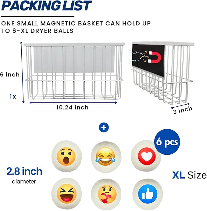Emoji Wool Dryer Balls with Magnetic Dryer Ball Holder for Laundry Room Organization and Storage – 6 XL Reusable Wool Balls for Dryer with Fun Emoji Design to Make Laundry More Enjoyable