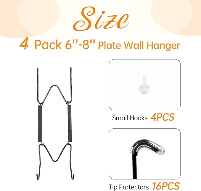 Bilillo 4 Pack Plate Hangers for The Wall, Suitable for 6''-8'' Decorative Plate,Invisible Heavy Duty Wire Plate Holder with Wall Hooks, Plate Hangers for Displaying Plates, Platter, Dish (Black)
