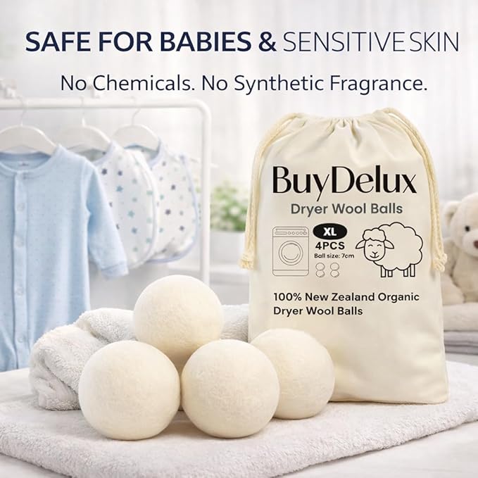 Wool Dryer Balls 4 Pack XL 7cm, 100% New Zealand Wool, Reusable 1000+ Loads, Natural Fabric Softener Alternative, Reduces Static & Wrinkles.