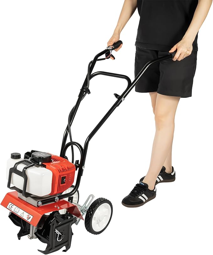 2-Stroke 52CC Mini Tiller Cultivator,Gasoline Power Garden Farmyard Tiller 1900W Soil Work Cultivator 6500rpm Yard Rototiller Tilling Tool for Ploughing, Furrowing, Tilling, Weeding