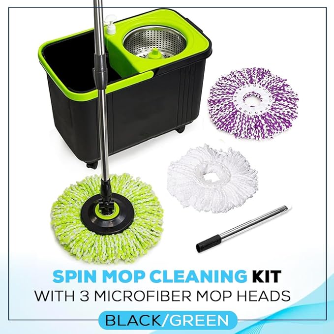 Simpli-Magic 360° Spin Mop and Bucket with Wringer – 3 High-Absorbent Microfiber Washable Heads, Soap Dispenser – Spinning Mop and Bucket Set for All Types Floor Cleaning